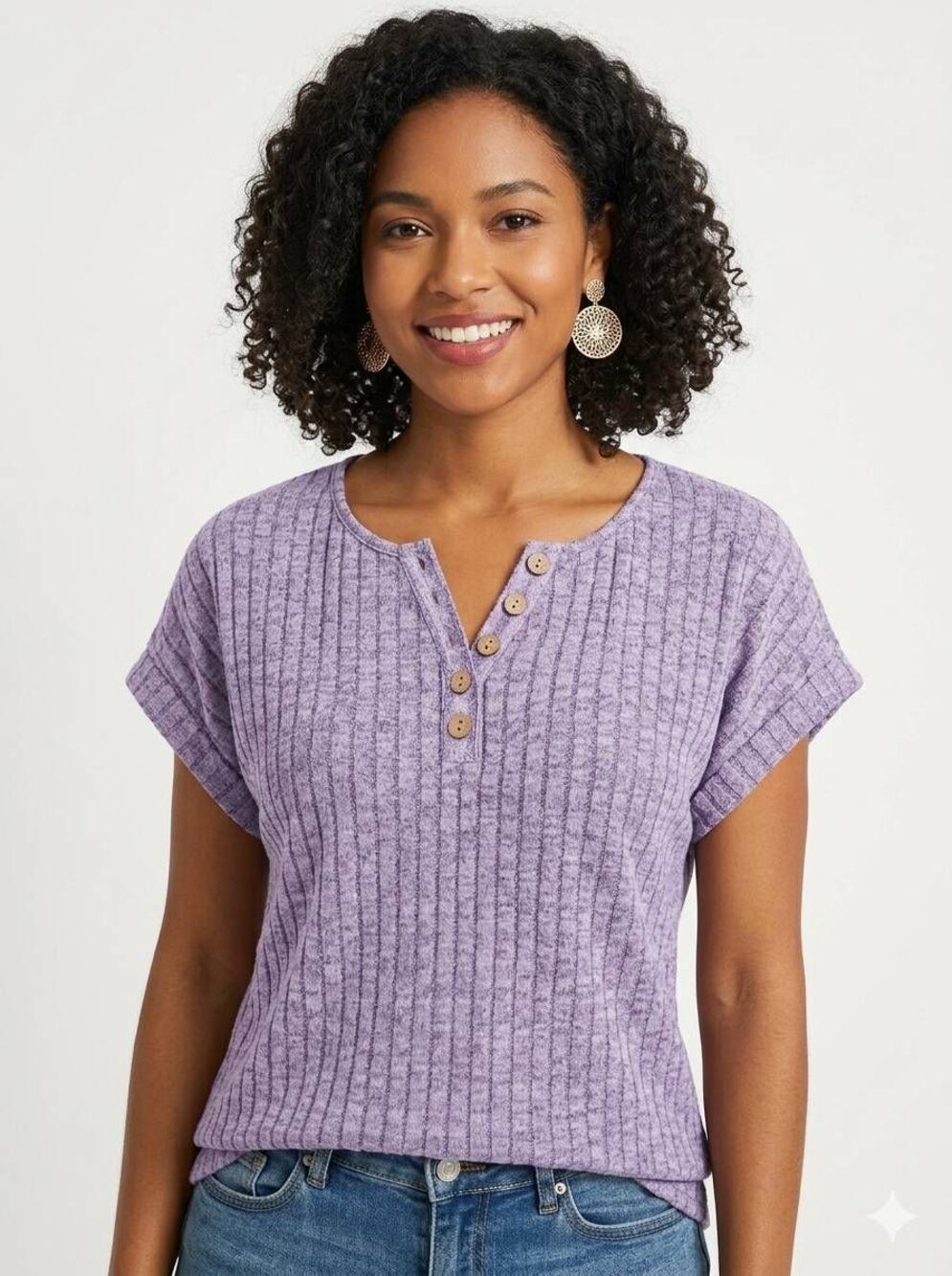 💬☔️🔸️NWT Purple Button Vneck Cuffed Short Sleeve Top Small